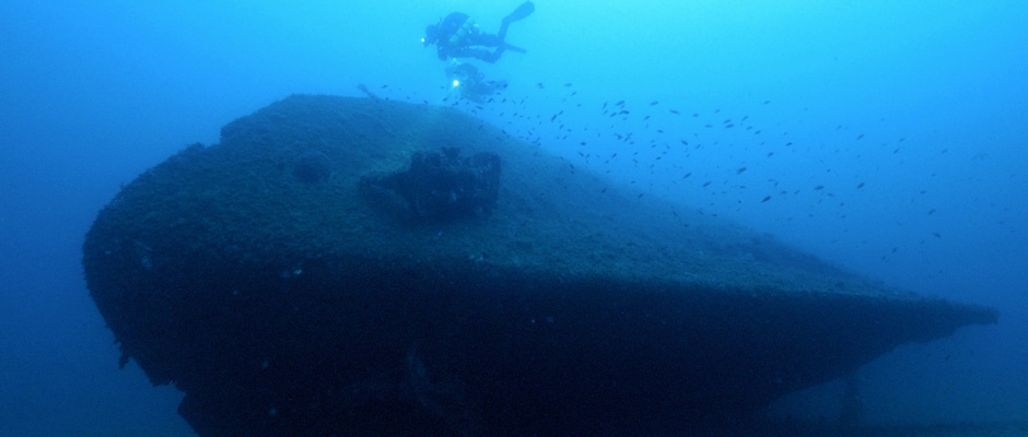Technical divers exploring the wreck of the SS Isonzo